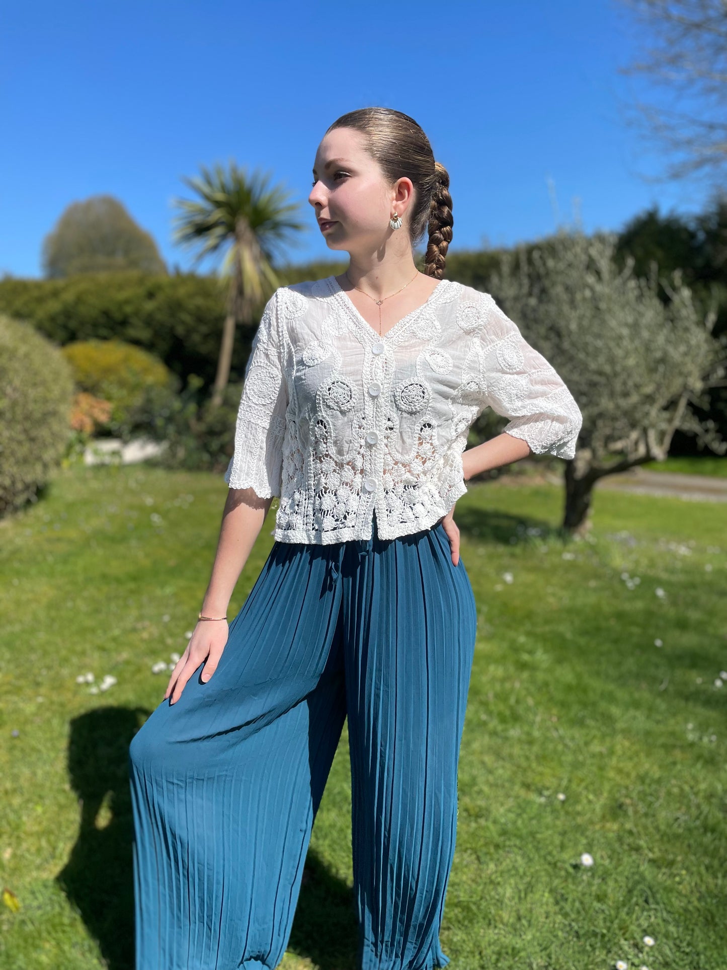 Pantalon plissé bleu canard